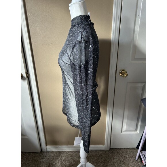 MangoPop Long Sleeve Top Size L Black Sheer Celestial Stars Mock Neck Glitter - Picture 4 of 10